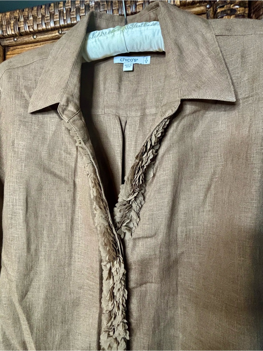 Chico’s Floral Trimmed Linen Shirt - Picture 2 of 7